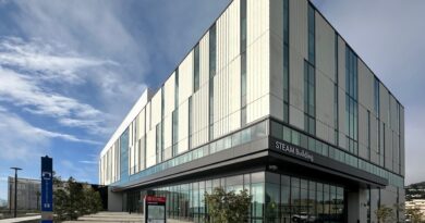 The City College of San Francisco (CCSF) STEAM Building features a textured facade and expansive transparent glazing, putting science, technology, engineering, art and mathematics instruction on display. Photo Credit: Bill Katz