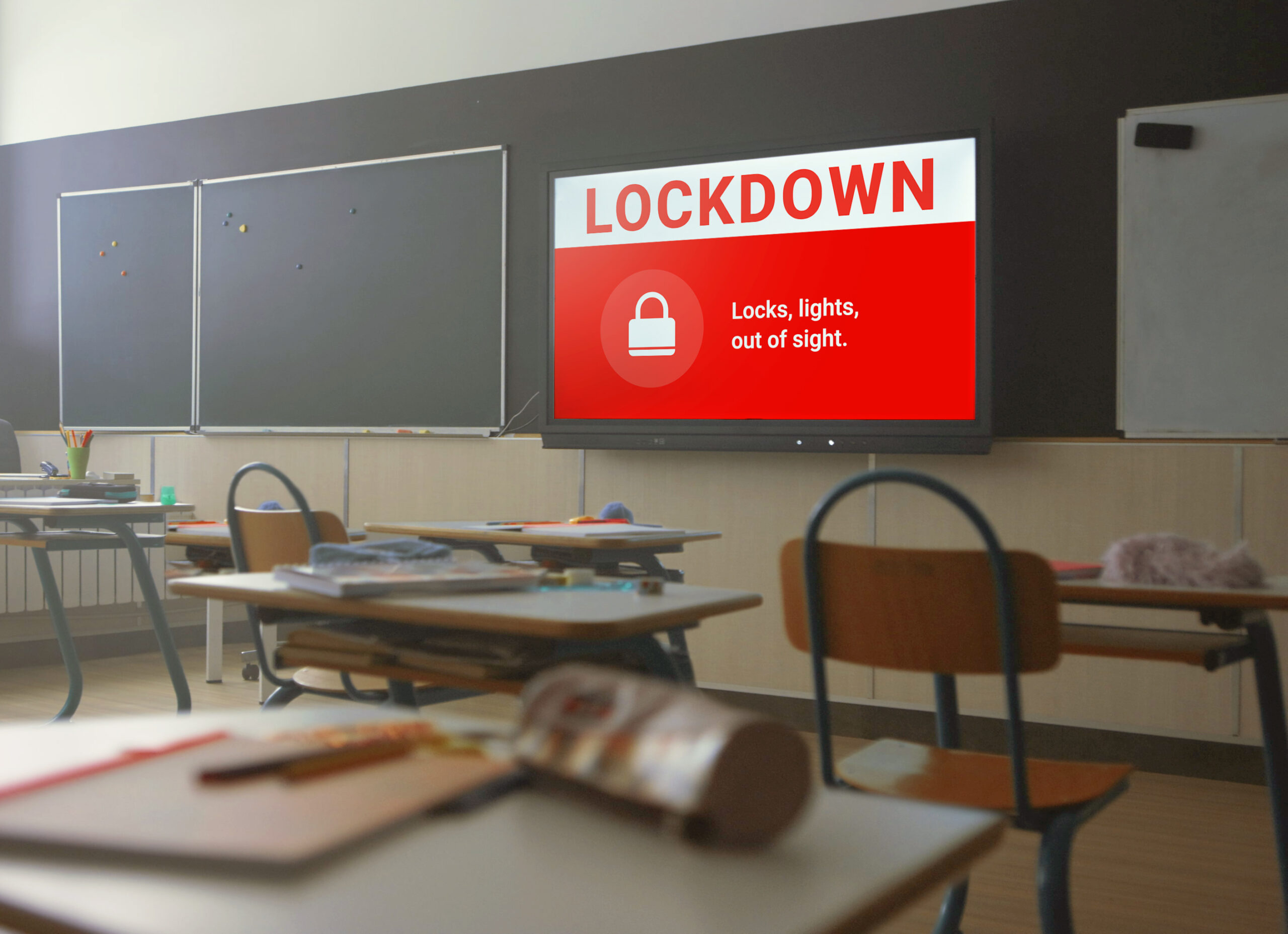 Visual alerts deliver instructions through dynamic icons and messages, across screens placed strategically throughout the campus, guiding everyone towards the next steps without confusion.