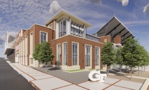 Exterior rendering of Georgia Tech University, a brick building with rows of trees lining the building.