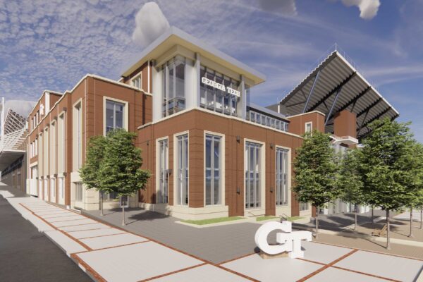 Georgia Tech Project Creatively Repurposes Structural Steel Exterior rendering of Georgia Tech University, a brick building with rows of trees lining the building.