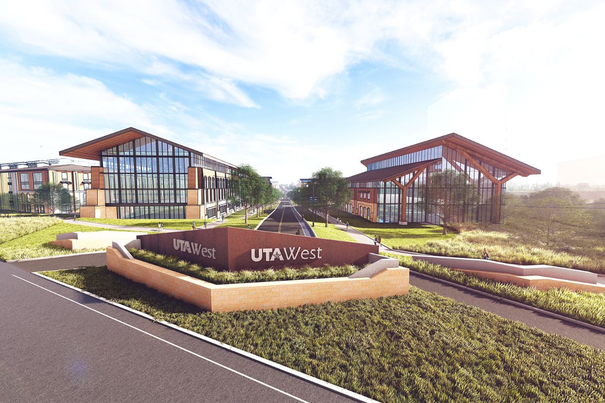 Exterior rendering of a UTA West campus building, featuring large windows and a lush landscape.