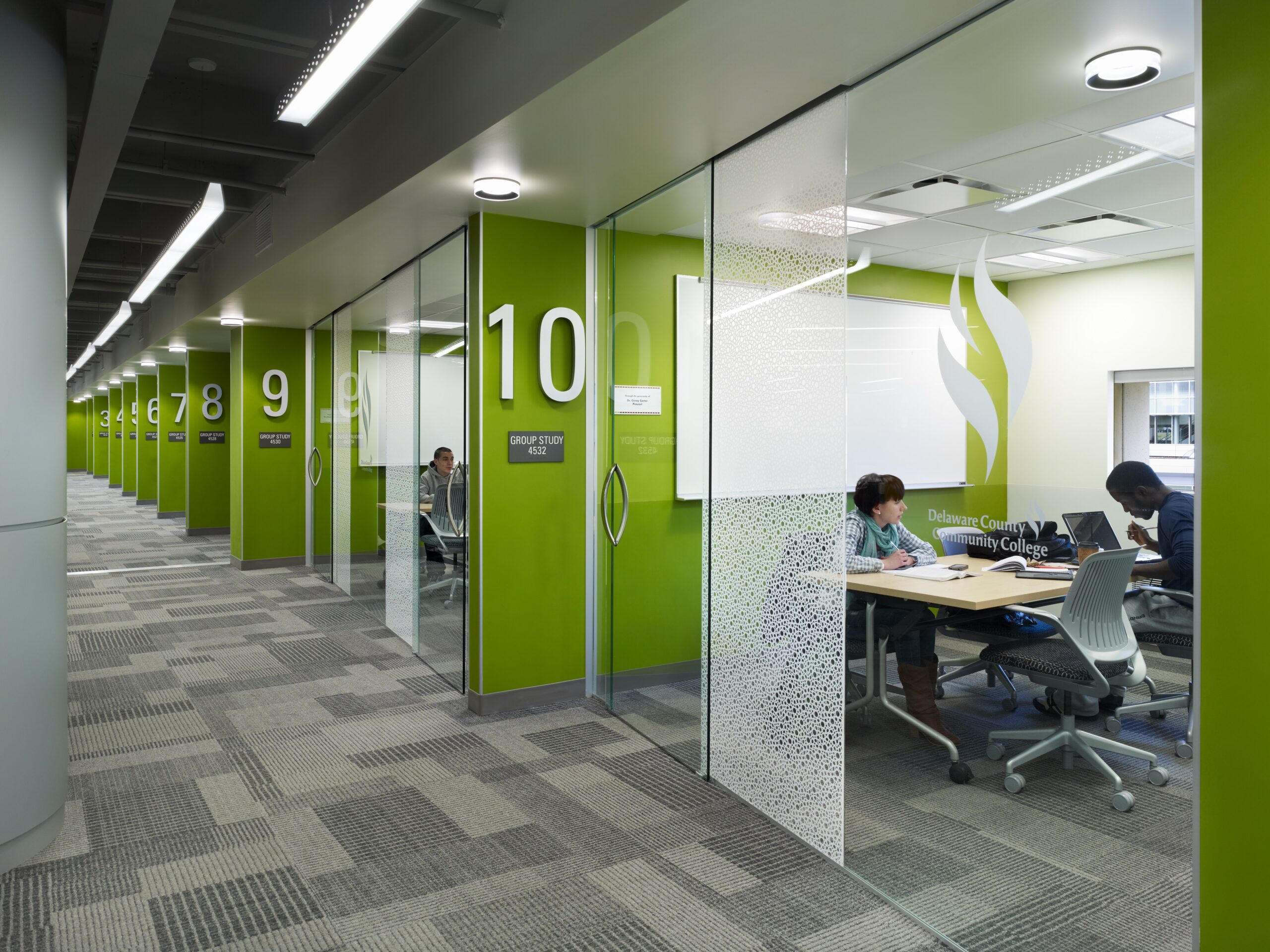 Interior office workspaces, at Delaware Community College, featuring Lightblocks products.