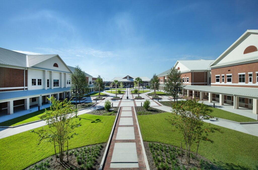 Campus center with pathways leading to each buildilng.