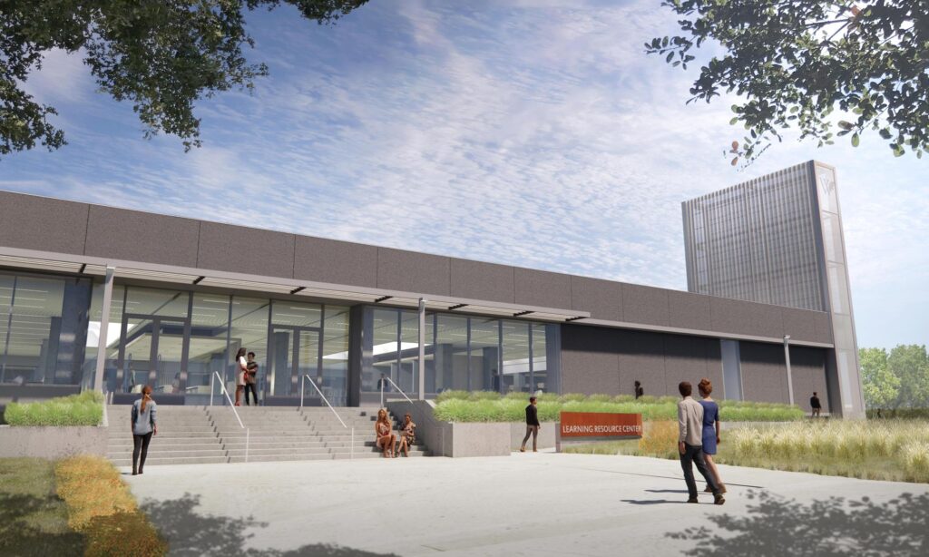 Rendering of the exterior of the West Valley library, with large windows lining the building's entrance.