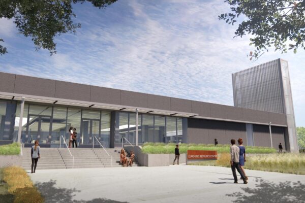 West Valley College Learning Resource Center Builds Community, Campus Cohesion Rendering of the exterior of the West Valley library, with large windows lining the building's entrance.