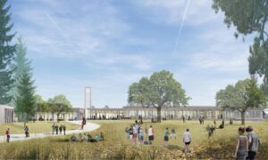 Rendering rendering of a large outdoor space in front of the library with people lounging outside and riding bicycles.
