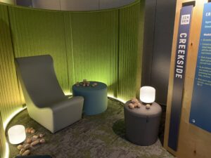 A calming room with low lighting and warm colors.