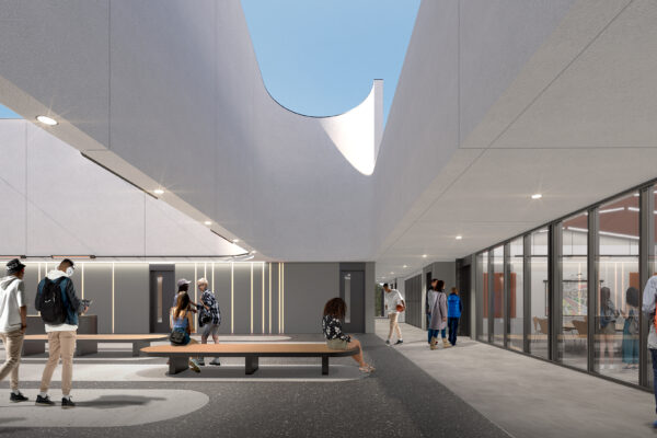 New Bezdek Center for the Performing Arts Will Also House Equity & Justice Institute Rendering of the exterior courtyard of the Bezdek building.