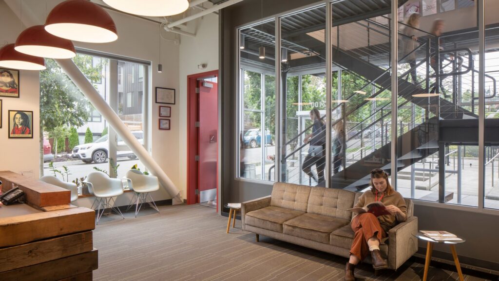 Flooring includes low- and zero-VOC materials such as linoleum, rubber and polished concrete. 