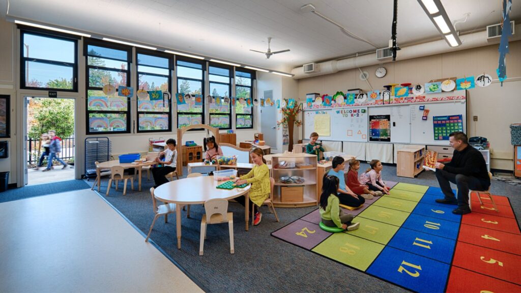 Features such as garage doors or large windows are used to maintain clear visual supervision between indoor and outdoor learning areas.