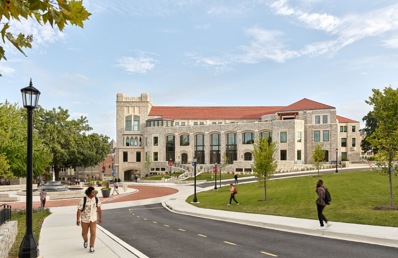 The Conway School of Nursing appropriately matches the scale and massing of neighboring buildings while embracing the Collegiate Gothic style that defines the Catholic University campus.