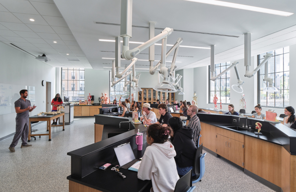 The interiors were developed by higher education experts at Ayers Saint Gross, which focuses on education and learning environments across higher education disciplines, including health sciences. 