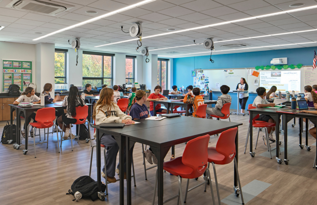The brand new two-story, 112,784 square foot facility is adaptable for current and future pedagogy, incorporating state-of-the-art spaces for STEM/STEAM and performing arts, community access and resources, and sustainability integrations that keep the new school adaptable for generations to come.