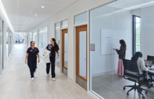 The interior strategy embodies the Conway School of Nursing’s mission statement, “Where High Tech Meets High Touch.”