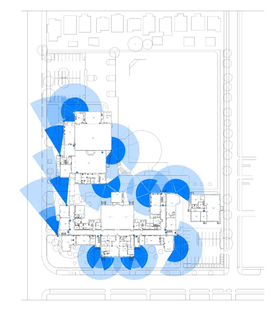 Optimized camera positions and resulting view fields applied to a specific school site.