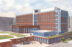 A rendering of the College of Medicine Interdisciplinary Building shows a modern building that would be a focal point for the Memphis campus and a point of pride for the College of Medicine and UT Health Sciences statewide.