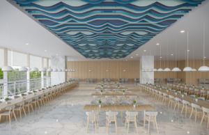 Incorporating overhead acoustic treatments helps absorb reflected sound earlier in its path, reducing the time it remains in the space.