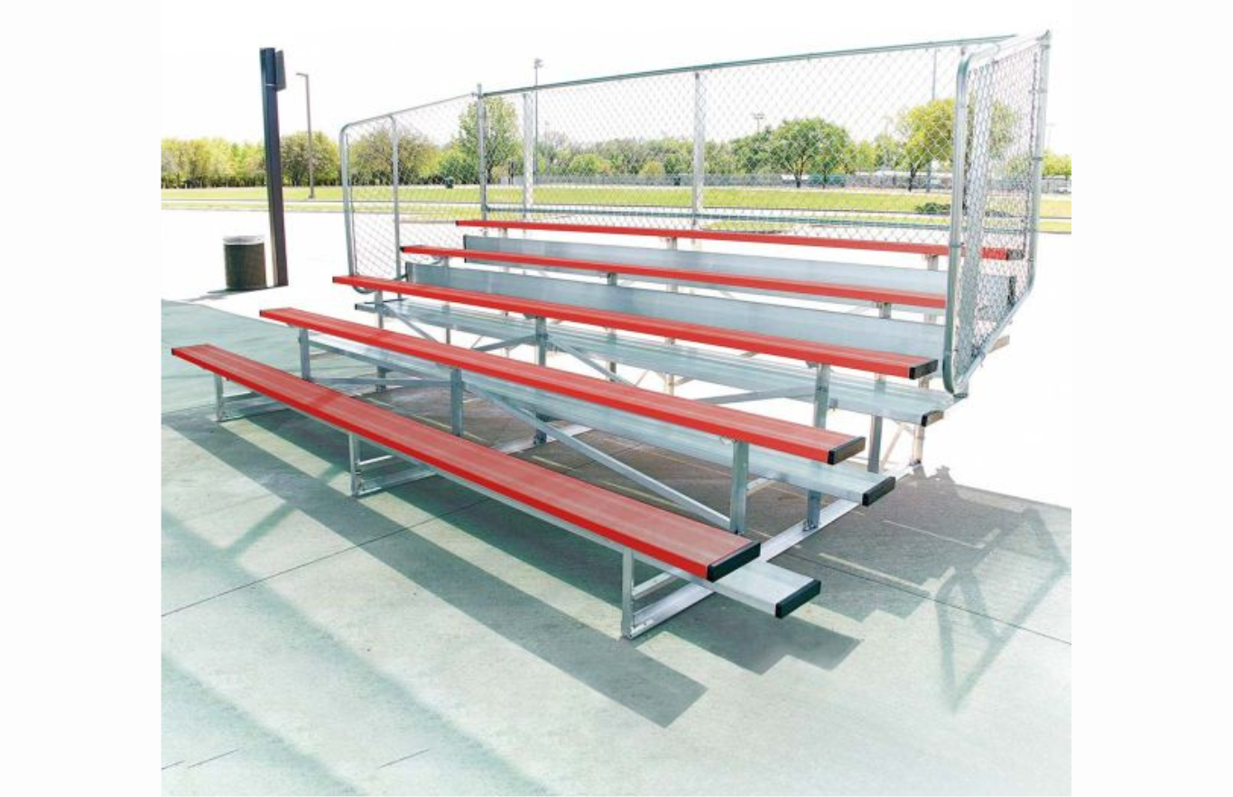 BSN Sports' 4-Row, 15' Vertical Picket Bleacher features 2-inch by 10-inch powder-coated seat planks and mill-finished foot planks.