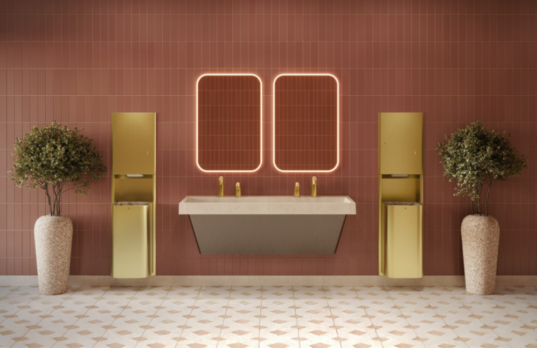 The Elvari washroom accessories collection from Bradley Corporation is a coordinated suite of commercial restroom fixtures designed to create a unified, modern aesthetic while enhancing functionality.