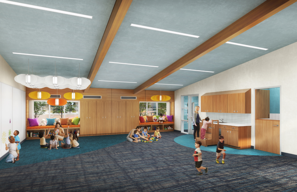 The Early Childhood Education Research Center is described as having two classrooms with restrooms, along with breakout and administrative spaces.  