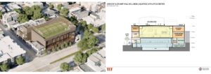 Accommodating the natatorium and gymnasium program on the compact, urban infill site meant building up and negotiating around an existing structure and sloped site.