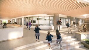 Nature inspired finishes and forms and ample exposure to daylight and outdoor views enhance student well-being.