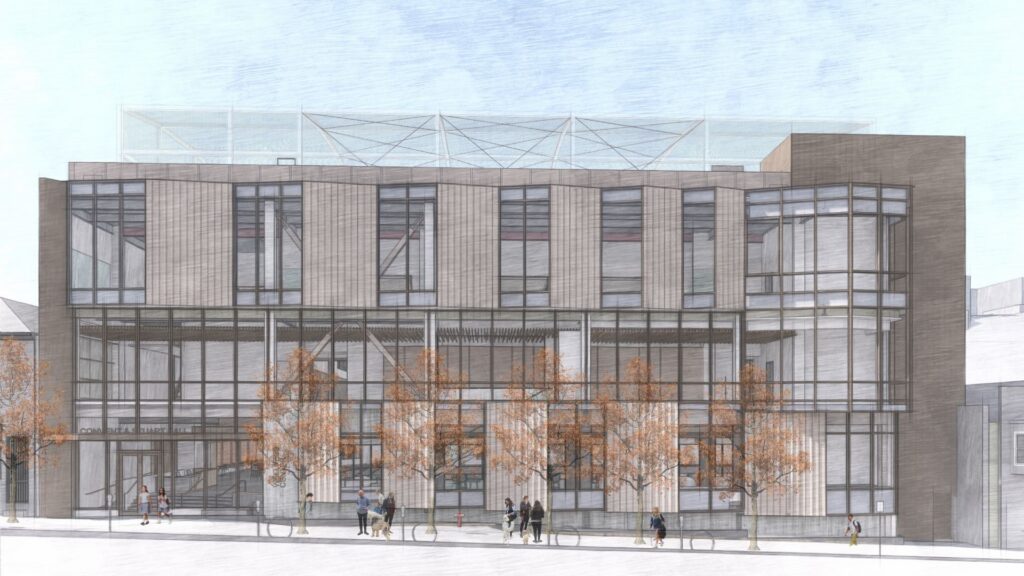 The composition of glazing and formed metal panels across the front facade of Convent & Stuart Hall’s Wellness, Athletics & Aquatics Center, express motion and growth, while balancing urban connection with security and privacy.