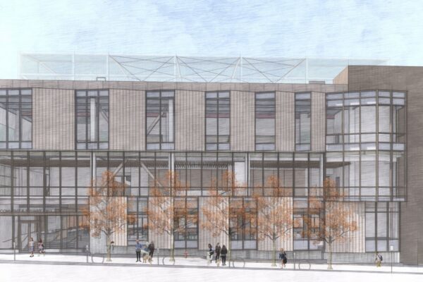 The composition of glazing and formed metal panels across the front facade of Convent & Stuart Hall’s Wellness, Athletics & Aquatics Center, express motion and growth, while balancing urban connection with security and privacy.
