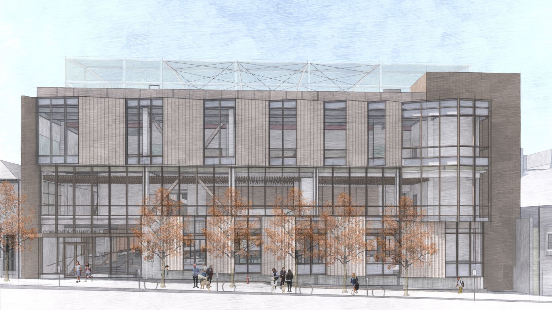 The composition of glazing and formed metal panels across the front facade of Convent & Stuart Hall’s Wellness, Athletics & Aquatics Center, express motion and growth, while balancing urban connection with security and privacy.