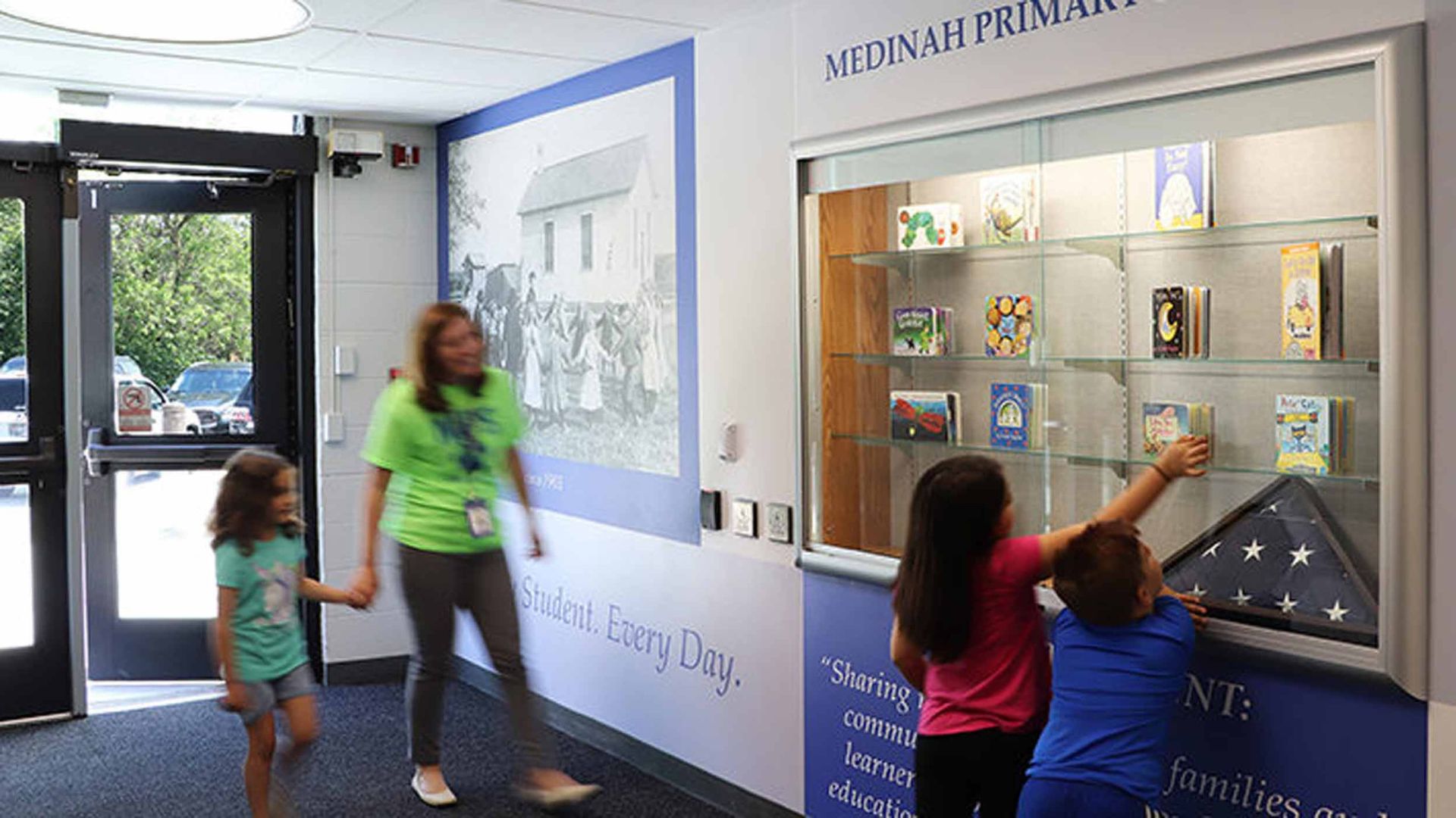 Using Medinah Primary School in Illinois as an example, Legat notes that campus safety begins outside the building through features such as separate bus loops, dedicated parent drop-off areas, and protected pedestrian walkways that reduce contact between vehicles and students.