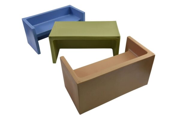 The Adapta-Bench 3-N-1 Flexible Seating Bench can be configured for three uses: as a 6-inch-high or 9-inch-high seat, or as an activity table when placed on its side.