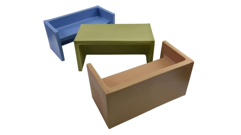 The Adapta-Bench 3-N-1 Flexible Seating Bench can be configured for three uses: as a 6-inch-high or 9-inch-high seat, or as an activity table when placed on its side.