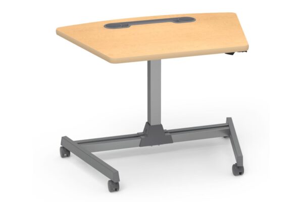 The Room to Move Series Sit-to-Stand Workstation Wedge Top with Accessory Tray by Virco is designed to support flexible learning environments by allowing users to alternate between sitting and standing throughout the day.