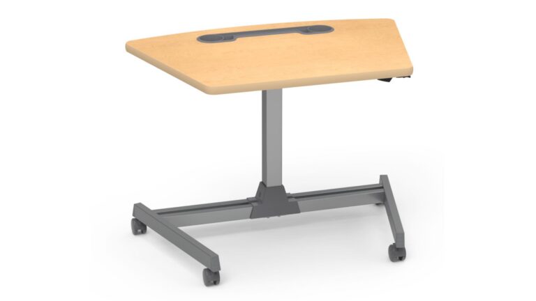 The Room to Move Series Sit-to-Stand Workstation Wedge Top with Accessory Tray by Virco is designed to support flexible learning environments by allowing users to alternate between sitting and standing throughout the day.