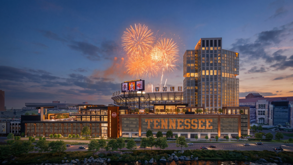 rendering of fireworks during night game at Neyland Stadium