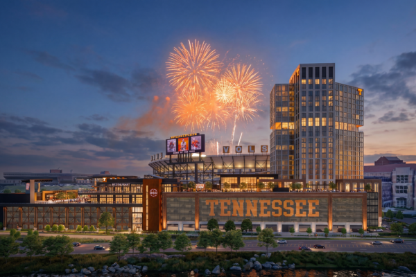 rendering of fireworks during night game at Neyland Stadium